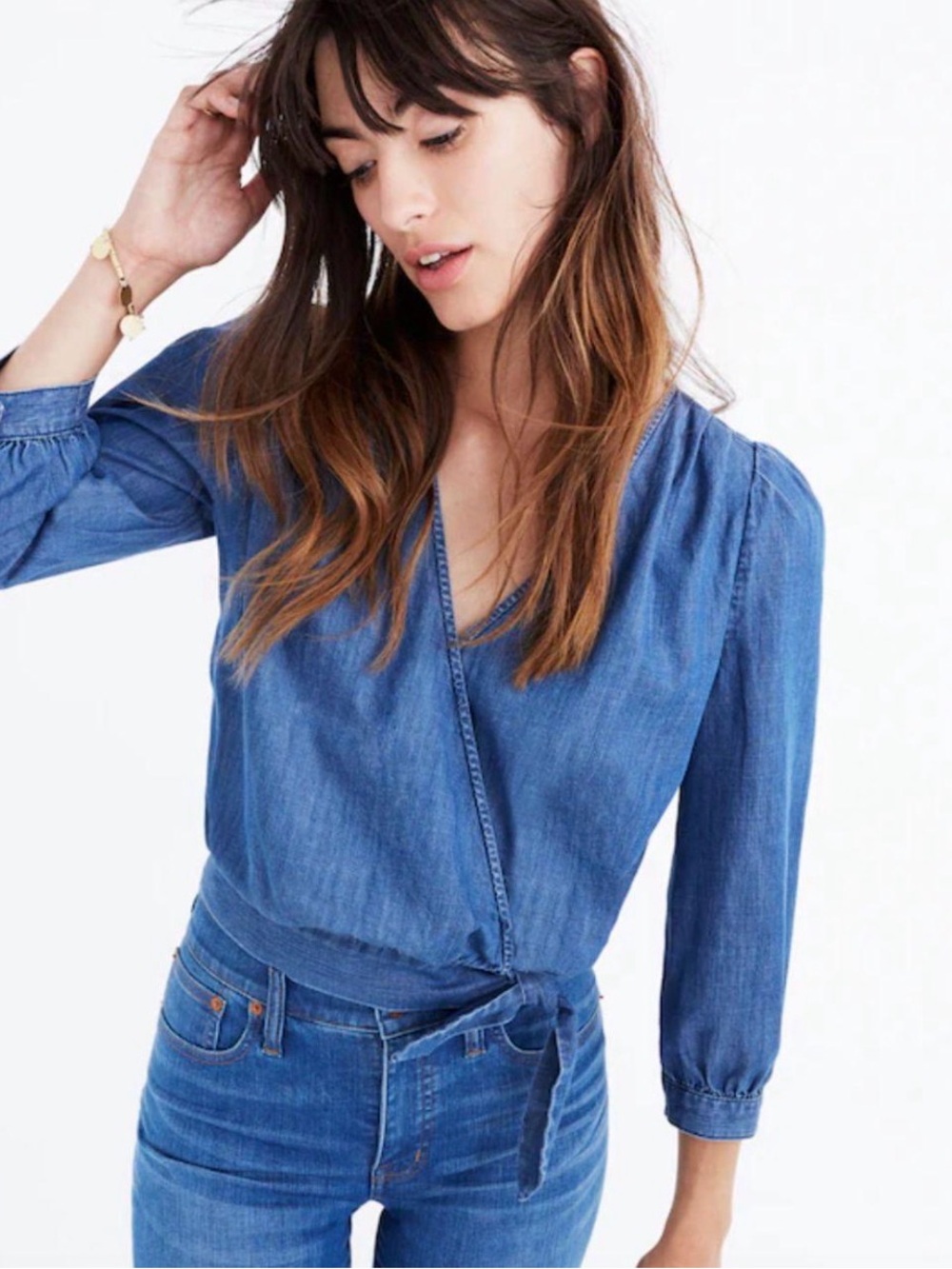 Madewell denim long sleeved v-neck blouse